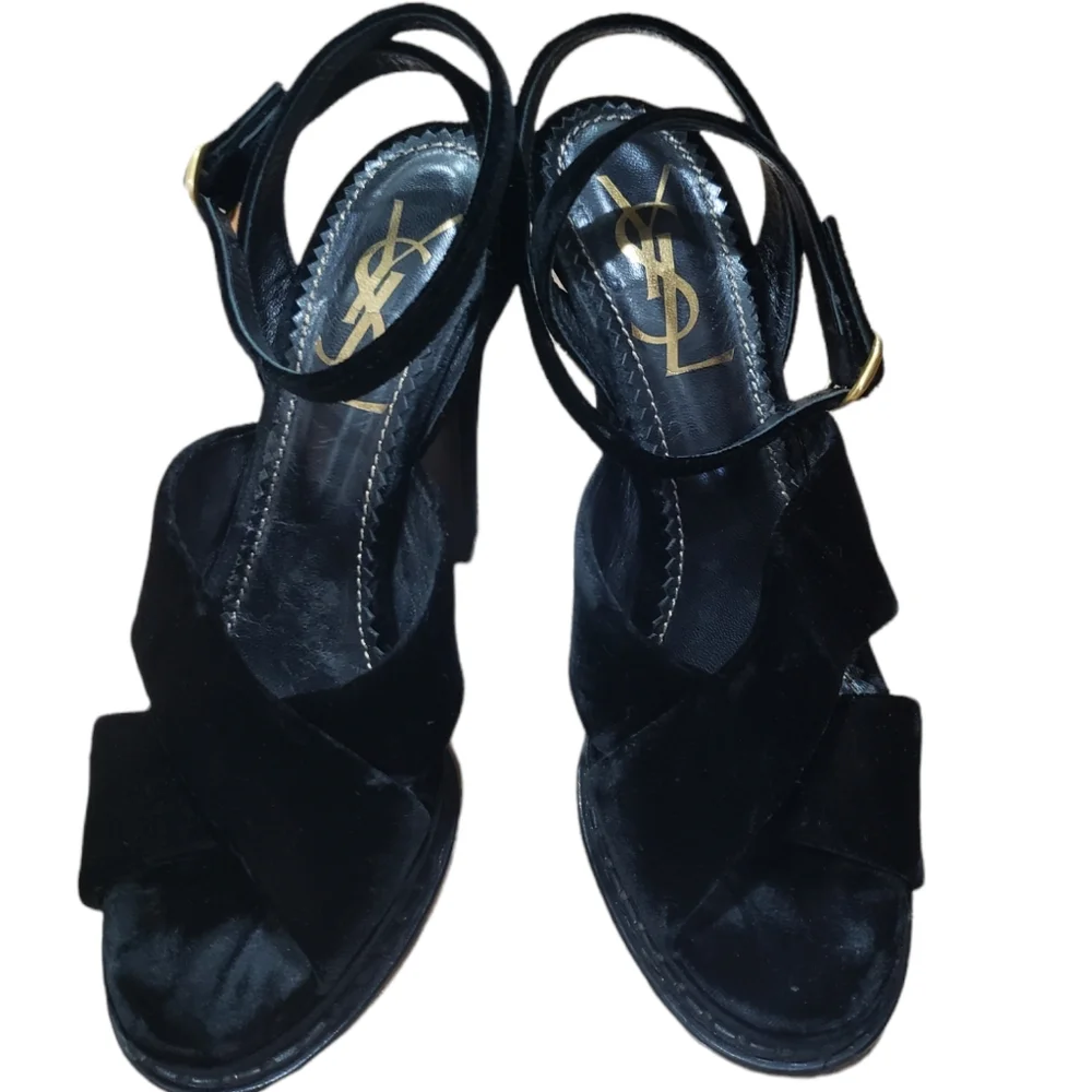 Saint Laurent black velvet heeled sandals shoes Size 37.5 us 7 - Picture 2 of 9